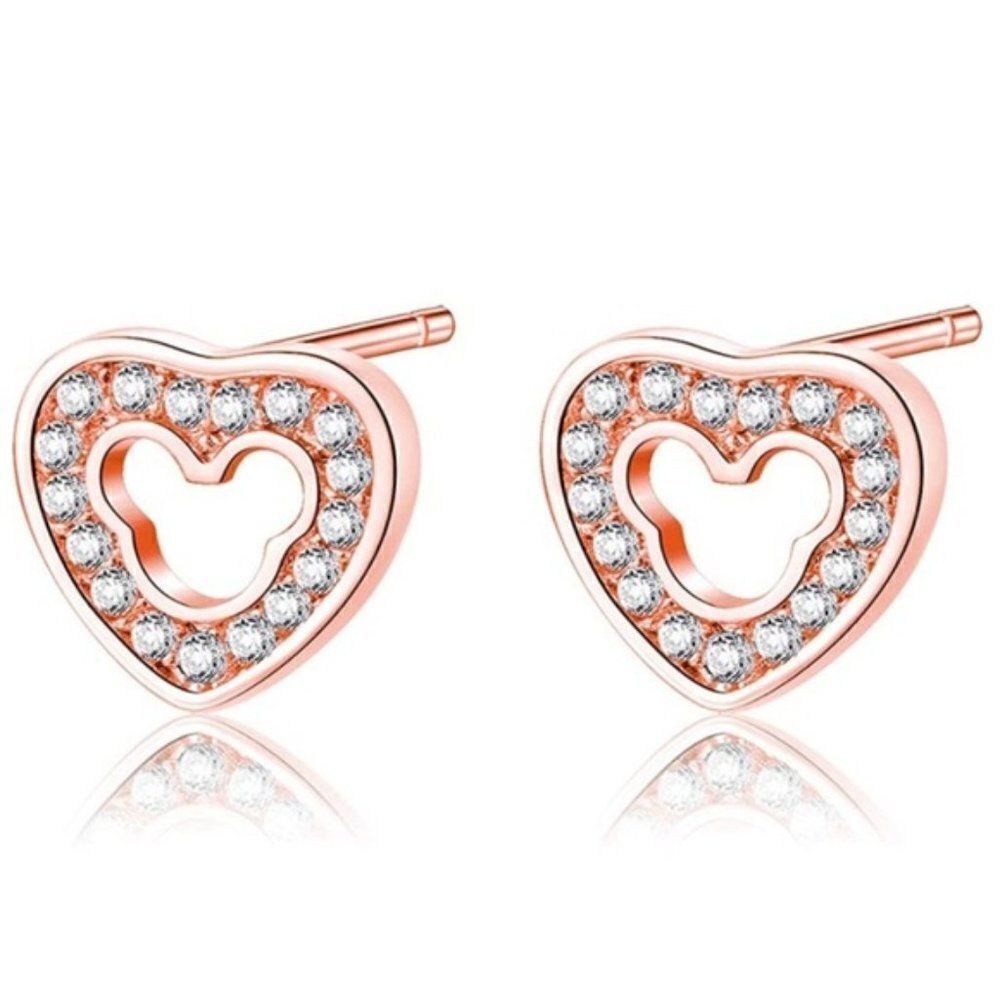 Rose Gold and Diamond Cubic Zirconia Mickey Mouse Heart Post Stud Earrings